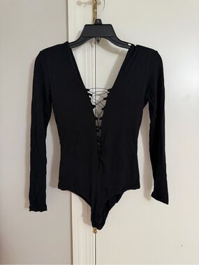 Nasty Gal Black Long Sleeve Lace-Up V-Neck Bodysuit